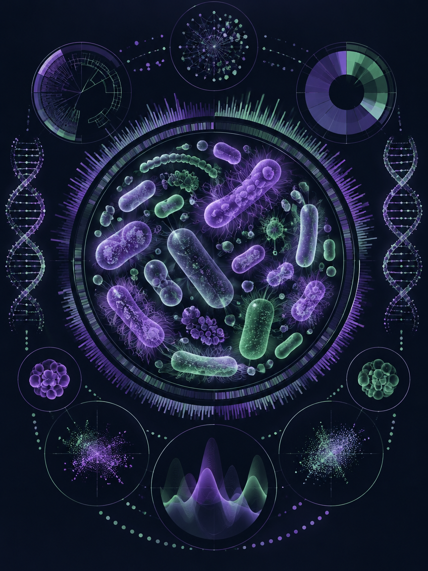 Scientific visualization of gut microbiome data in Digbi's purple and green palette