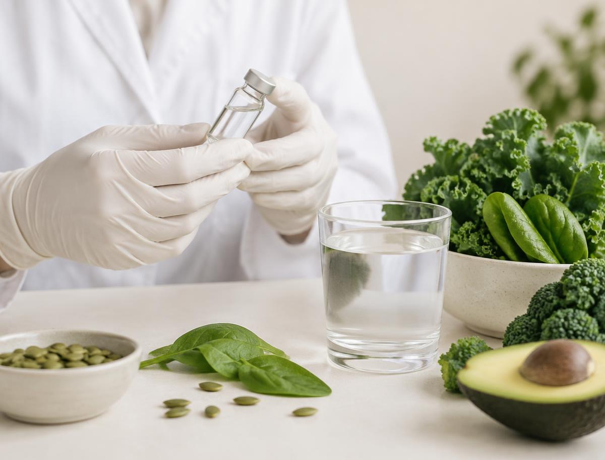 A lab sample vial beside fresh greens, avocado and water — food as medicine